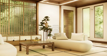 Téléchargez les photos : Canapé et décoration japon sur intérieur de pièce moderne .3D rendu - en image libre de droit