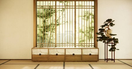 Téléchargez les photos : Cabinet design en bois sur le mur vide salon et tatami de plancher. - en image libre de droit