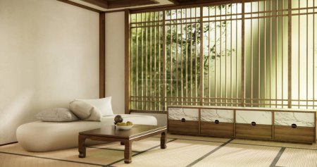 Téléchargez les photos : Cabinet design en bois sur le mur vide salon et tatami de plancher. - en image libre de droit