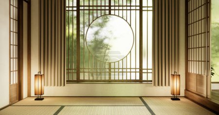 Foto de Ventana de círculo estilo japón en habitación vacía habitación minimalista interior - Imagen libre de derechos