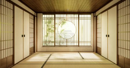 Téléchargez les photos : Fenêtre cercle style japon sur chambre vide intérieur de chambre minimaliste - en image libre de droit