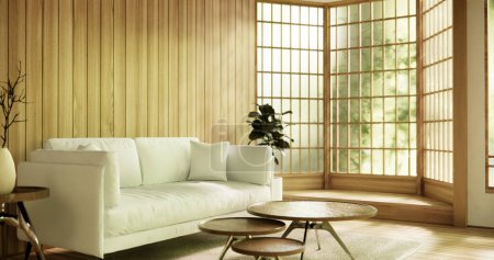 Téléchargez les photos : Fauteuil en bois et cloison japonaise sur intérieur tropical de la pièce.3d rendu - en image libre de droit