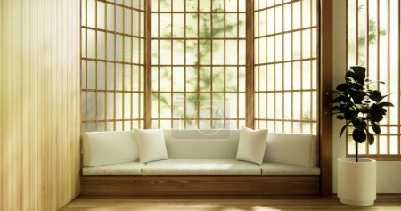Foto de Silla de madera del brazo y partición japonesa en la habitación tropical interior.3d representación - Imagen libre de derechos