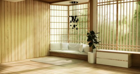 Foto de Silla de madera del brazo y partición japonesa en la habitación tropical interior.3d representación - Imagen libre de derechos