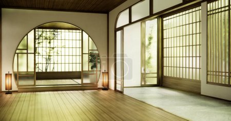 Téléchargez les photos : Fenêtre cercle style japon sur chambre vide intérieur de chambre minimaliste. - en image libre de droit