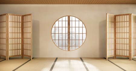 Téléchargez les photos : Fenêtre cercle style japon sur chambre vide intérieur de chambre minimaliste, - en image libre de droit