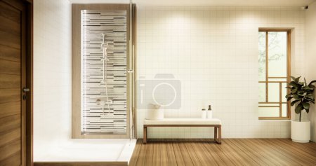 Photo for Shower on wall design in bathroom modern zen style. - Royalty Free Image