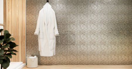 Photo for Tiles wooden wall design empty bathroom modern style. - Royalty Free Image