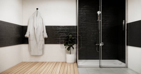 Téléchargez les photos : Mur en granit noir et en bois au Japon salle de bain moderne Onsen style minimal - en image libre de droit