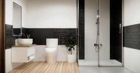 Photo for Wooden and black granite wall in Japan bathroom modern Onsen minimal style - Royalty Free Image