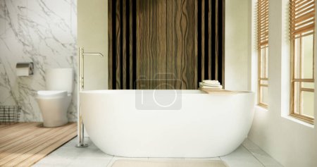 Téléchargez les photos : Salle de bain blanche style moderne japon minimal. rendu 3D - en image libre de droit