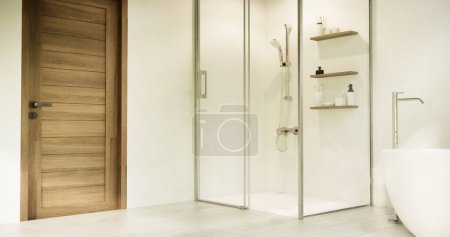 Foto de Ducha en baño blanco moderno estilo minimalista. - Imagen libre de derechos