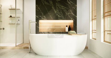 Téléchargez les photos : Mur en granit noir et en bois au Japon salle de bain moderne Onsen style minimal - en image libre de droit