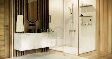 Téléchargez les photos : Douche dans salle de bain blanche style minimaliste moderne. - en image libre de droit