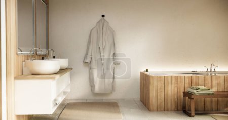 Téléchargez les photos : Bois Japon salle de bain moderne Onsen style minimal. - en image libre de droit