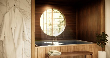 Téléchargez les photos : Bois Japon salle de bain moderne Onsen style minimal. - en image libre de droit