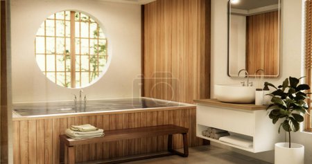 Foto de Baño moderno de madera de Japón Onsen estilo minimalista. - Imagen libre de derechos