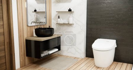 Foto de Pared de granito de madera y negro en Japón baño moderno estilo minimalista Onsen - Imagen libre de derechos