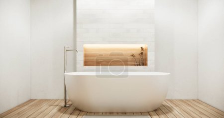 Téléchargez les photos : Salle de bain blanche style moderne japon minimal. rendu 3D - en image libre de droit