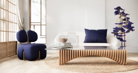 Foto de Estilo interior de Japón púrpura tiene un sofá sillón en la sala de estar mínima - Imagen libre de derechos