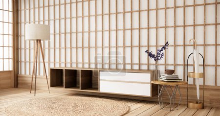 Téléchargez les photos : Style japonais moderne et violet décoré avec armoire sur mur blanc. - en image libre de droit