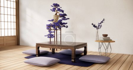 Téléchargez les photos : Table basse et oreiller sur une pièce minimale de style japonais - en image libre de droit