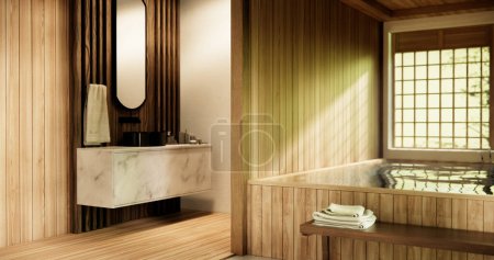 Téléchargez les photos : Bois Japon salle de bain moderne Onsen style minimal - en image libre de droit