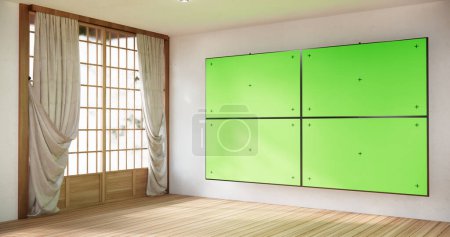 Téléchargez les photos : Smart Tv Mockup avec écran vert vierge suspendu dans la pièce blanche moderne design intérieur minimal. - en image libre de droit