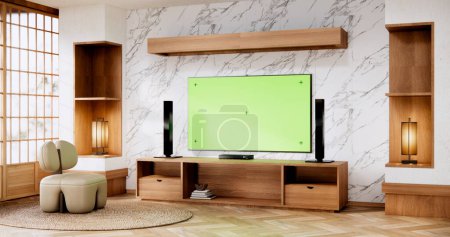 Foto de Smart Tv Mockup con pantalla verde en blanco colgando en el interior de la habitación vacía blanca moderna diseños mínimos. - Imagen libre de derechos