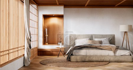 Téléchargez les photos : Minimaliste wabisabi intérieur maquette avec zen plante de lit et décoartion dans la chambre japonaise. - en image libre de droit
