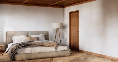 Foto de Minimalista wabisabi interior maqueta con zen cama planta y decoartion en japonés dormitorio. - Imagen libre de derechos