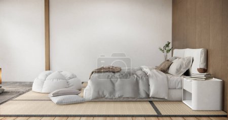 Foto de Minimalista wabisabi interior maqueta con zen cama planta y decoartion en japonés dormitorio. - Imagen libre de derechos