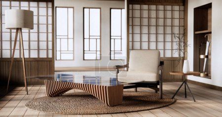 Foto de Burla interior con sillón en sala de estar japonesa con pared vacía. - Imagen libre de derechos