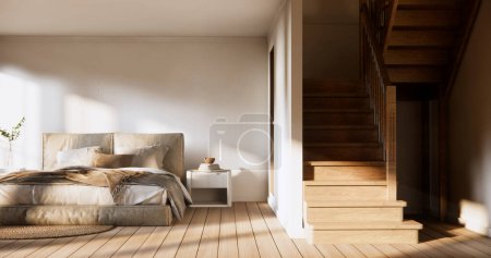 Foto de Dormitorio japonés estilo minimalista., pared blanca moderna y suelo de madera, habitación minimalista. - Imagen libre de derechos