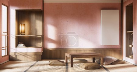 Téléchargez les photos : Moderne avec table basse et oreiller sur une pièce minimale de style japonais. - en image libre de droit