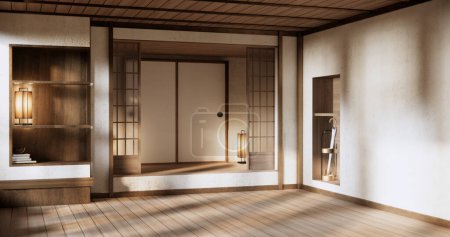 Téléchargez les photos : Étagère salle de mur zen style et décoration en bois design, ton de terre. - en image libre de droit