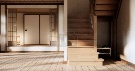 Téléchargez les photos : Étagère salle de mur zen style et décoration en bois design, ton de terre. - en image libre de droit