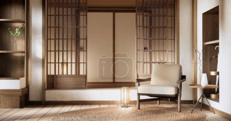 Téléchargez les photos : Intérieur maquette avec fauteuil dans le salon japonais avec mur vide. - en image libre de droit