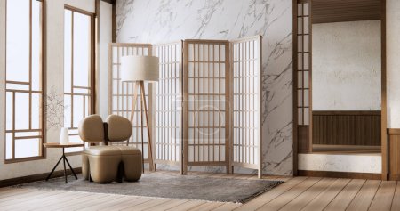 Téléchargez les photos : Fauteuil canapé dans le salon japonais avec mur vide. - en image libre de droit
