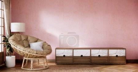 Téléchargez les photos : Smart Tv sur Cabinet dans le salon avec mur blanc sur sol blanc et fauteuil. - en image libre de droit