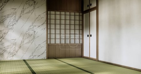 Téléchargez les photos : Salle de séjour vide japonais deisgn avec tatami tapis plancher. - en image libre de droit