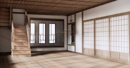Téléchargez les photos : Style Muji, Chambre vide en bois, Nettoyage intérieur de la chambre japandi - en image libre de droit