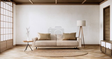 Photo for Interior mock up with sofa in japanese living room with empty wall. - Royalty Free Image