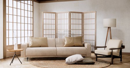 Foto de Burla interior con sofá en sala de estar japonesa con pared vacía. - Imagen libre de derechos