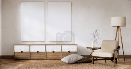 Photo for Smart Tv on Cabinet in Living room with white  wall on white floor and armchair. - Royalty Free Image