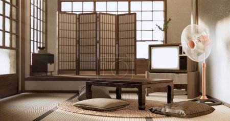Téléchargez les photos : TV sur canbinet table basse dans la chambre de style japonais avec lampe. - en image libre de droit