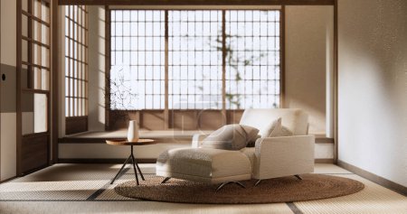 Photo for Interior mock up with armchair in japanese living room with empty wall. - Royalty Free Image
