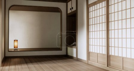 Téléchargez les photos : Étagère porte vide sur le mur avec plancher de bois design style Japon. - en image libre de droit