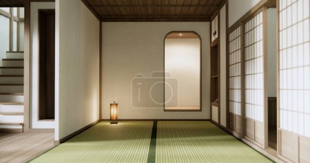 Téléchargez les photos : Étagère porte vide sur le mur avec tatami tapis de sol design style Japon. - en image libre de droit