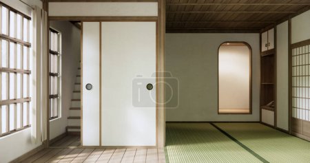Foto de Estante puerta vacía en la pared con tatami alfombra piso diseño Japón estilo. - Imagen libre de derechos